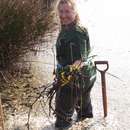 Sally pulling out reeds from the water channels in Bushy Park