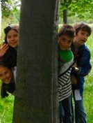 Children hiding behind a tree