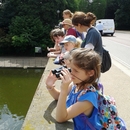Children study the Serpentine from the bridge